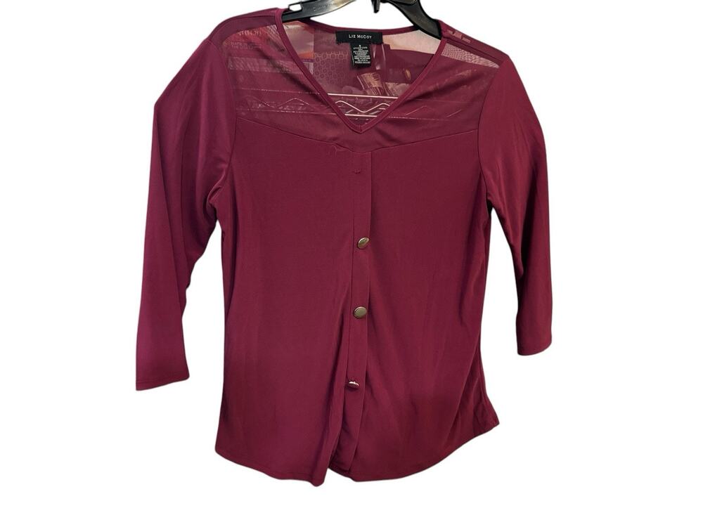 Liz McCoy Burgundy Red 3/4 Sleeve Blouse Top Size Small